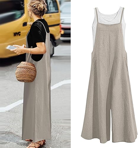 Miniatura 2 de Lncropo Overol casual para mujer, overol holgado de pierna ancha, pantalones con pechera de lino
