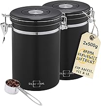 SILBERTHAL Coffee Canister, Set of 2, Airtight, 500 g, Aroma Tight Storage Container for Beans and Powder, Includes CO2 Valve and Dosing Spoon, Black