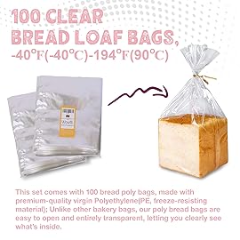 Wowfit Bread Poly Bags, Pack of 100 Entirely Transparent Clear Bakery Storage for Handmade Loaf Packaging, Includes 100 Gold Twist Ties