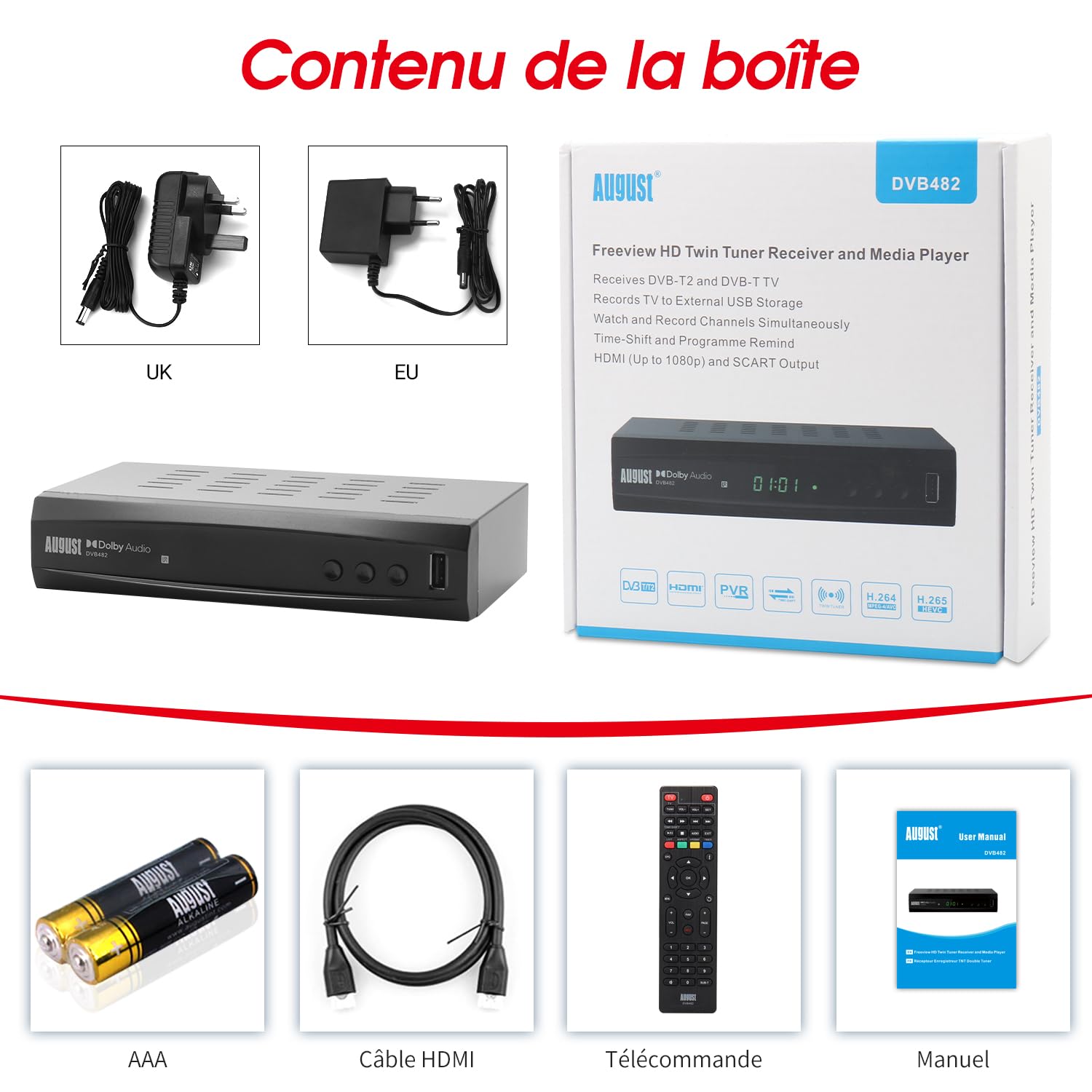 August DVB482 Décodeur Enregistreur TNT HD HDMI Full HD 1080p 2 chaînes simultanées