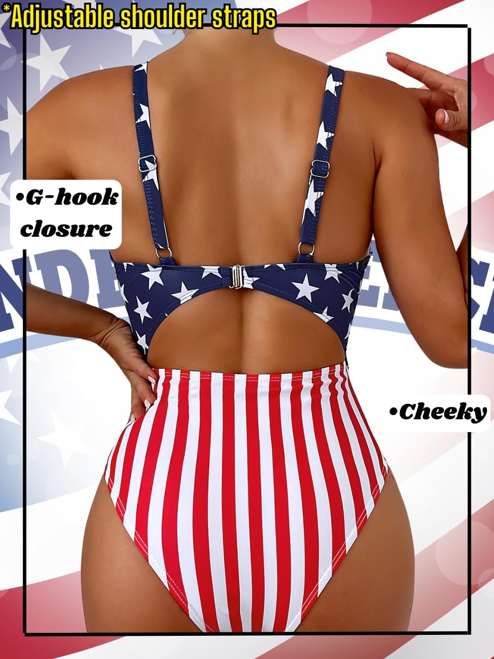 Women One Piece American Flag Monokini, 4th of July Patriotic Swimsuits, July Fourth Red White and Blue Bathing Suit