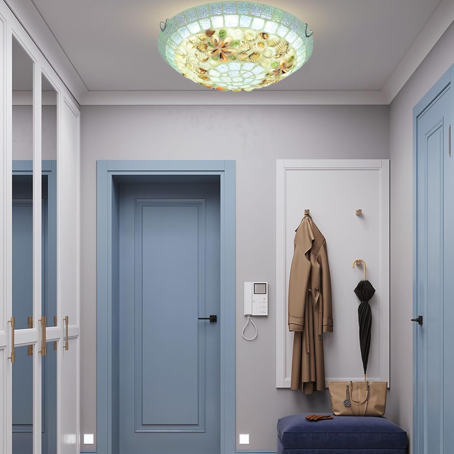 Tiffany Flush Mount Ceiling Light, Handmade Shell Stained Glass Ceiling Lamp,3 Color Dimmable LED Mediterranean Art Deco Ceiling Light Fixture for Bedroom,Living Room&Hotel(11.81")