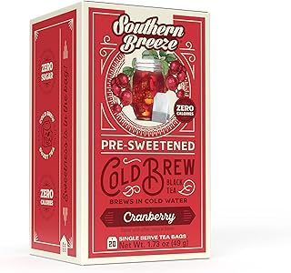 Southern Breeze Cold Brew Sweet Tea Cranberry Iced Tea with Black Tea and Zero Carbs Zero Sugar, 20 Individually Wrapped Tea Bags