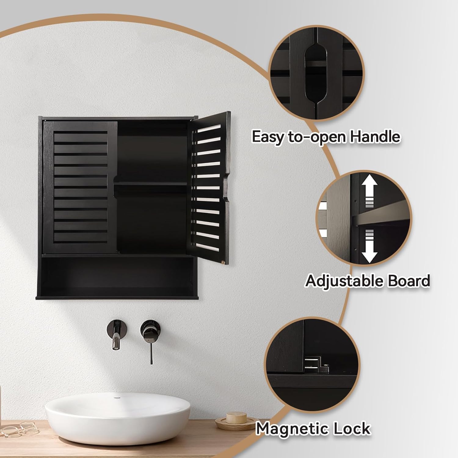 HYNAWIN Black Wall Mounted Bathroom Storage Cabinet with Shutter Doors, Adjustable Shelf, Magnetic Lock & Open Shelf for Kitchen, Living Room, or Entryway