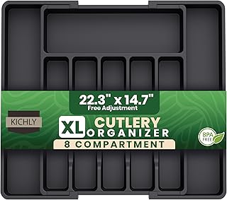 KICHLY Cutlery and Kitchen cutlery drawer organiser Expandable 8 Compartment for Kitchen, Multipurpose Large cutlery Tray and Spoon Holder, Adjustable Silverware Plastic Organizer, (Black)