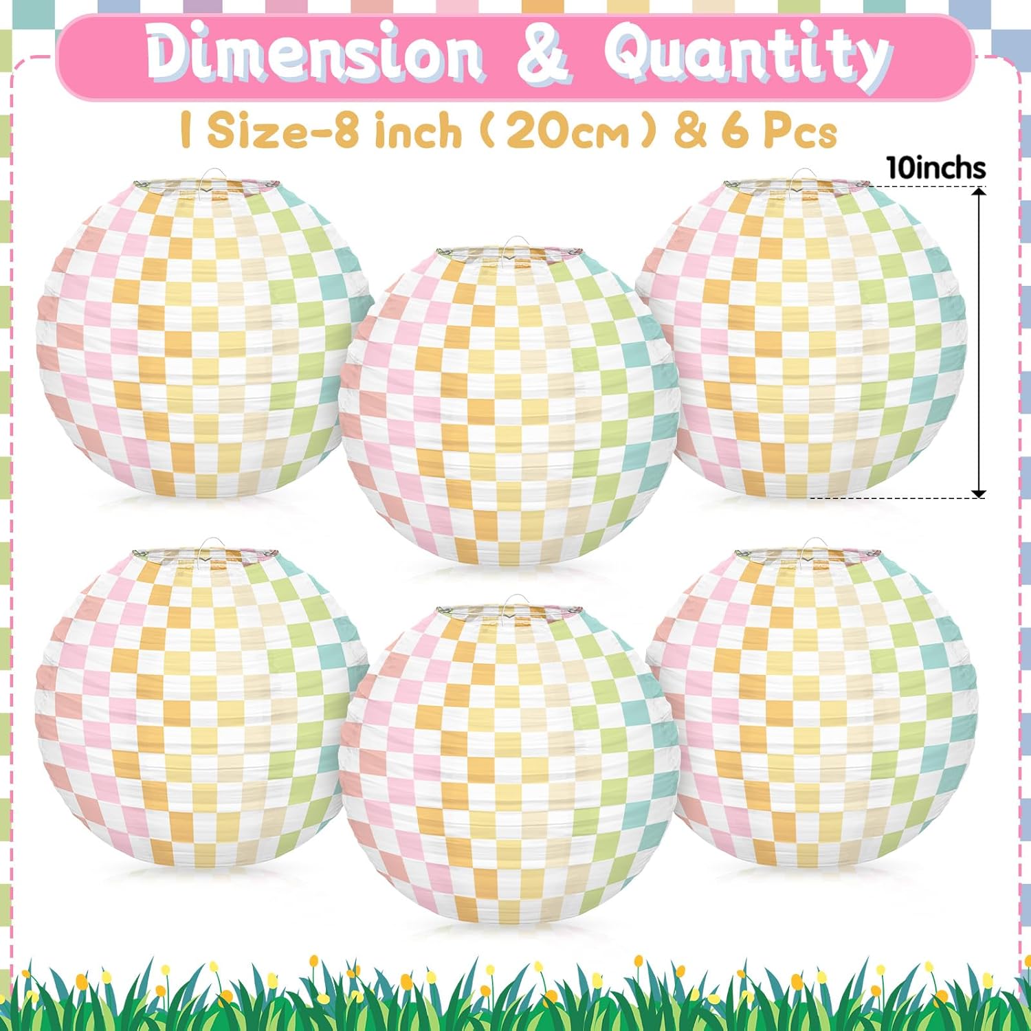 6pcs Pastel Checkered Paper Lanterns Party Decoration, 8inch Pink Gingham Ruond Hanging Lanterns Party Decor for Home Yard Ceiling Classroom Wedding Engagement Birthday Christmas Supplies