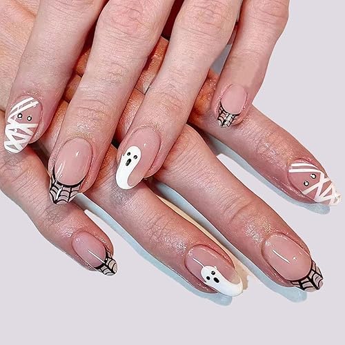 Uñas postizas a presión de Halloween, uñas cortas de almendra, uñas postizas a presión, uñas postizas negras y blancas, uñas acrílicas con momia,