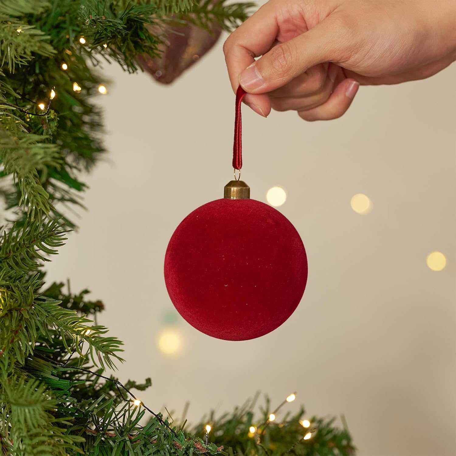 DN DECONATION Christmas Ball Ornaments Set of 9 – Wine Red Velvet Christmas Tree Balls with Ribbon, 3.14” Elegant Plastic Ball for Xmas Tree Decor, Holiday Decorations for Home and Party
