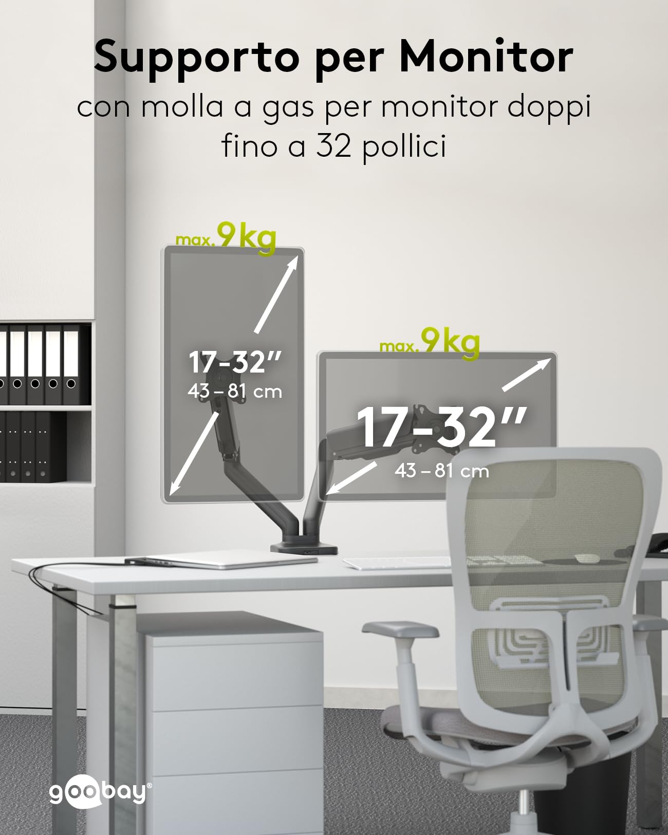 goobay Supporto doppio per monitor – con molla a gas, per schermi da 17 a 32 pollici, inclinabile e orientabile, morsetto da tavolo, portata 9 kg, con sistema di gestione, VESA 75x75 e 100x100