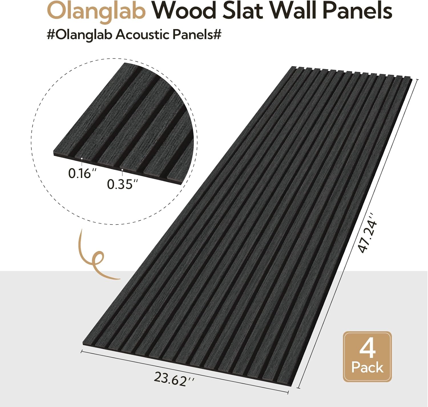 Olanglab Acoustic Wood Wall Panels 4 Pack, Sound Dampening Wood Slat Wall Panels 23.6" x 47.2", Matte Black