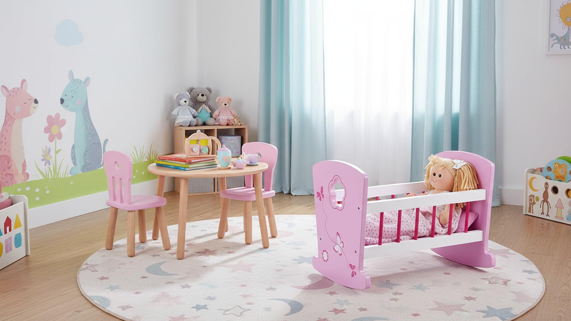 Rosa Puppenwiege aus Holz mit Puppe und Bettwäsche, Schaukelbett 46 x 28 x 34 cm, Puppenbett Komplettset mit Matratze, Decke und Kissen für Kinder ab 3 Jahren