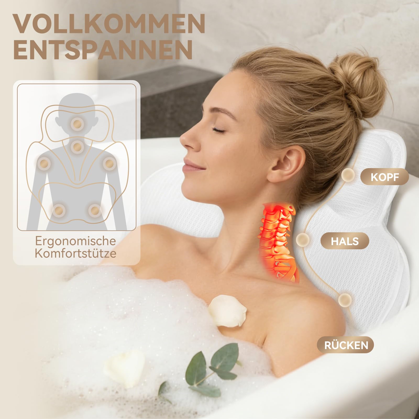 Badewannenkissen – Nackenkissen Badewanne aus 5D Air Mesh, Badekissen für Badewanne, 54 Rutschfestes Kopfkissen, Schnelltrocknend, Weiches Kissen für Badewannen (Weiß)
