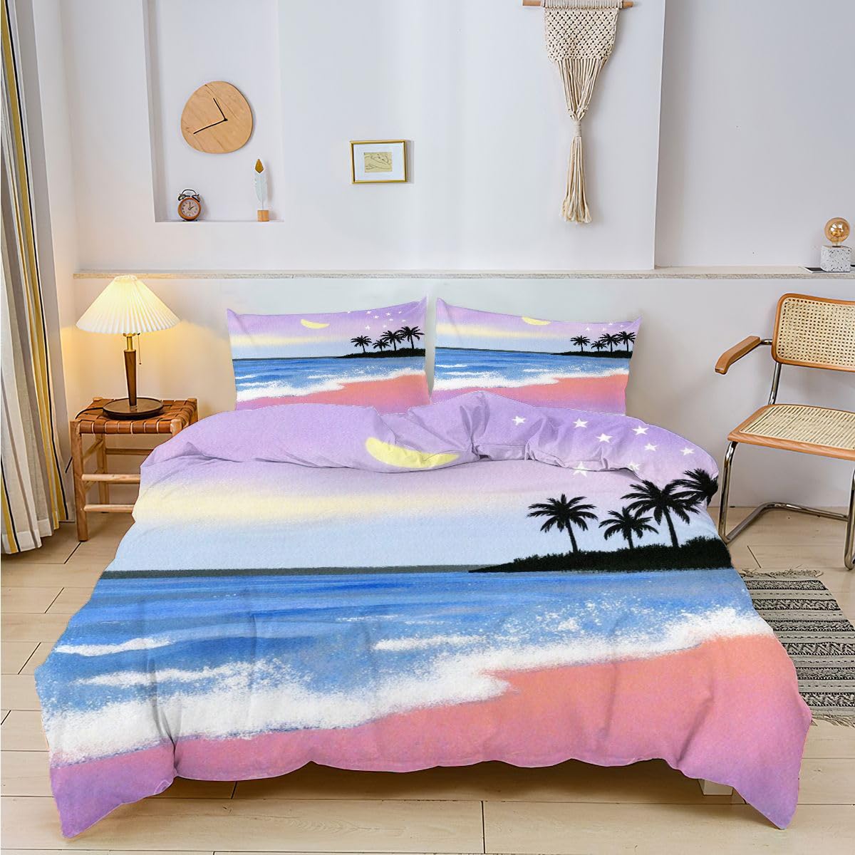 Funda Nordica 220 x 240 Luna Playa Rosa, Fundas de Edredón de Microfibra, Juego de Ropa de Cama con Cierre de Cremallera + 2 Fundas de Almohadas 50x75 cm_A13565