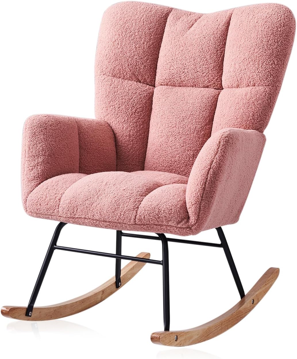 Kiztir Rocking Chair Nursery, High Backrest Teddy Glider Rocker Upholstered Rocker Recliner Modern Rocking Accent Chairs for Bedroom, Living Room, Offices (Pink)