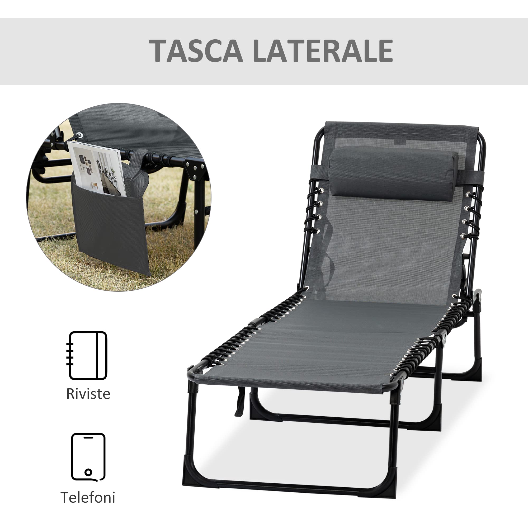 Outsunny Lettino Prendisole Pieghevole con Tasca, 58x189x30cm, Grigio | Schienale Regolabile, Sdraio da Balcone e Giardino con Cuscino, Seduta Traspirante in Texteline, Spiaggia Piscina