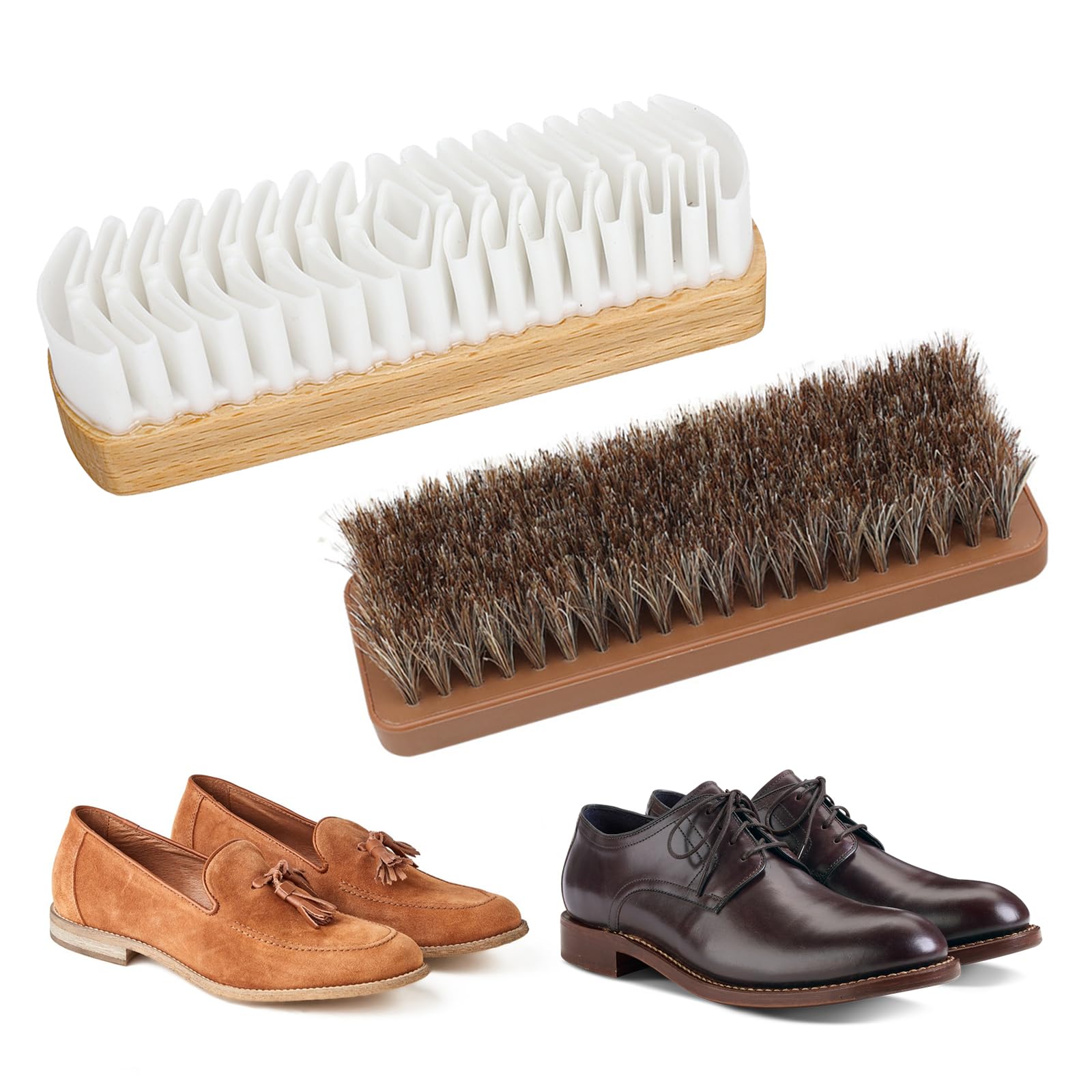 Set Spazzole Per Pulizia Scarpe - Per Scamosciato E Pelle Liscia Con Manico In Legno E Crine Di Cavallo