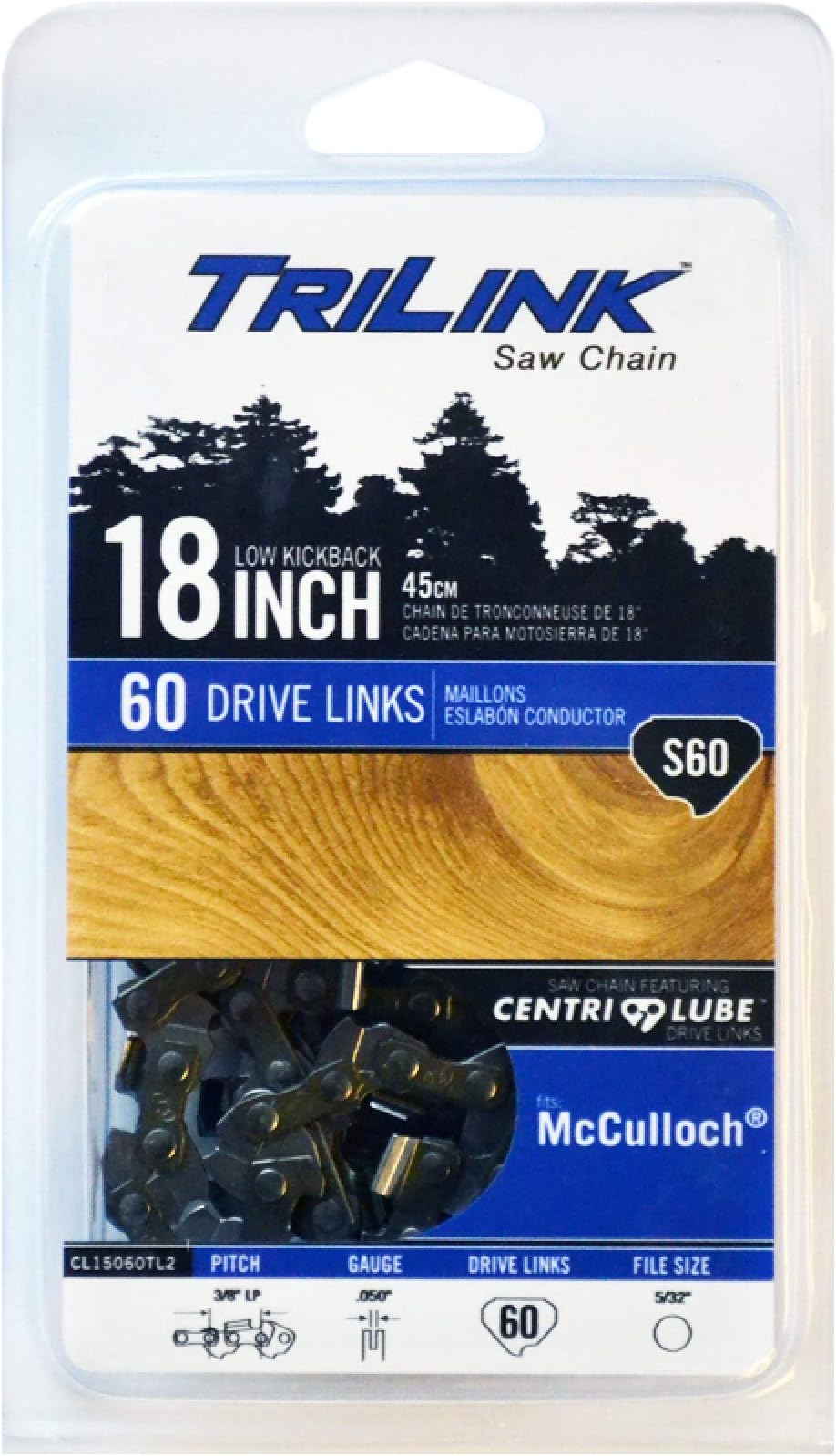 3/8 LP .050 Gauge 60 Drive Links Chainsaw Chain Compatible With/Replacement For Mcculloch MacCat Super 1434NAVVP, 1636NAVCC, MS1639NAVCC, MS1839, EB428, MS1842AVCC S60 91 PX Chain Chainsaws