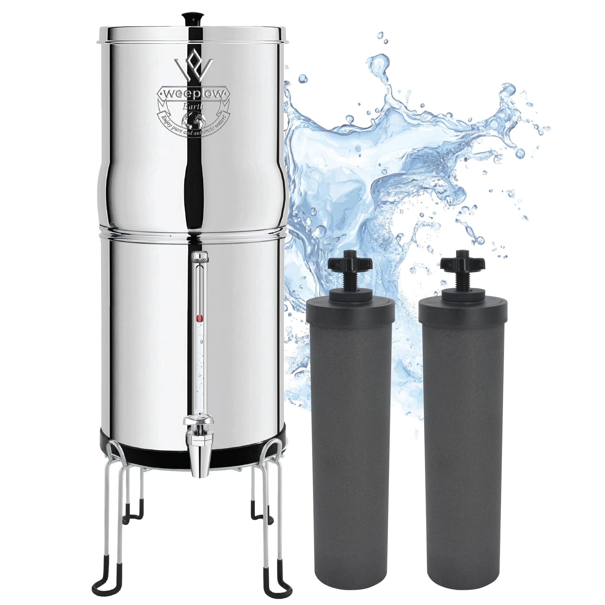 Weeplow® Earth – Schwerkraft-Wasserfiltrationssystem 8,5 Liter AISI 304 mit 2 O'Pure 2 Reinigungselementen, Wasserhahn mit Wasserwaage und kostenloser Edelstahlhalterung