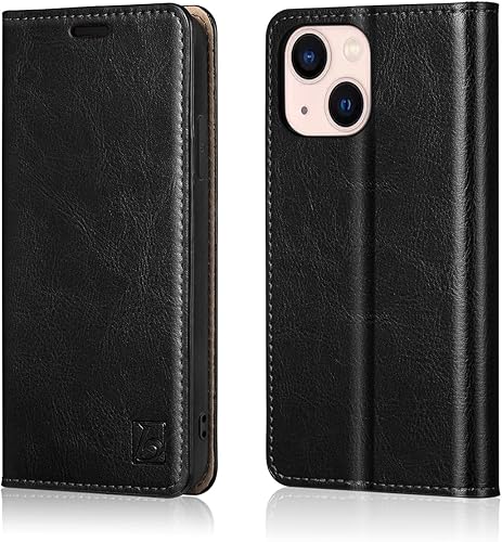 Belemay Funda protectora de piel auténtica compatible con iPhone 13, con tarjetero de bloqueo RFID carcasa interior suave no desmontable, funda de