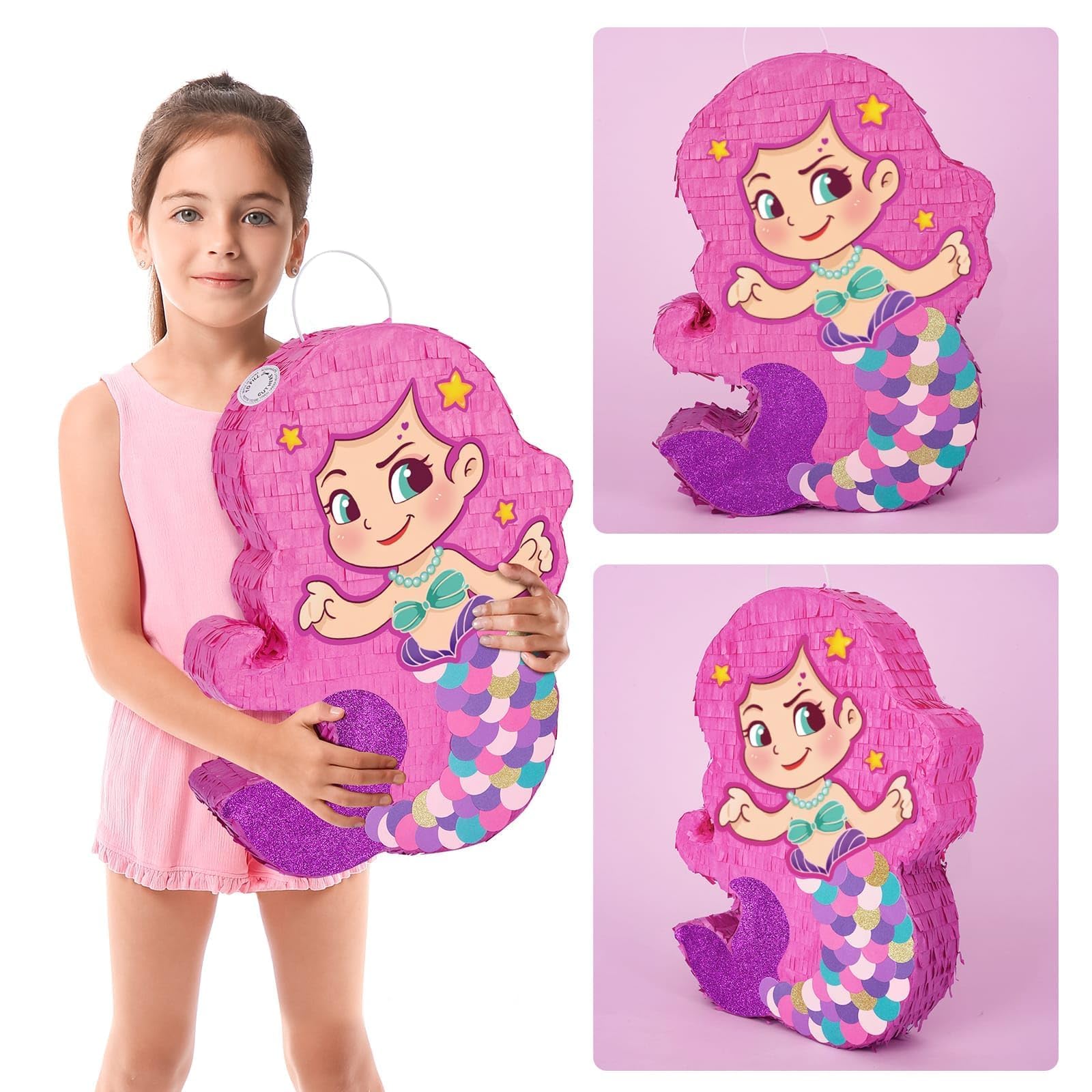 WERNNSAI Pignatta a forma di sirena, decorazione per feste di compleanno per ragazze, con pipistrello e benda per ragazze e bambini, per feste di compleanno, giochi sotto il mare, decorazione per