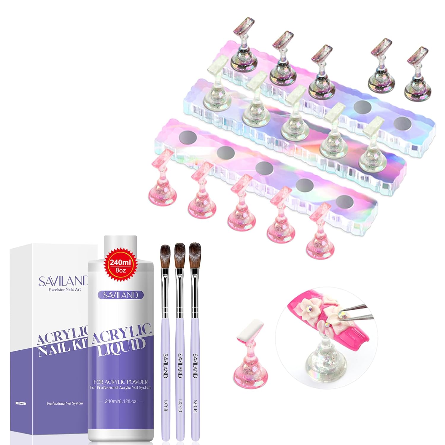Saviland Monomer Acrylic Nail Liquid – 8.11fl.oz Acrylic Liquid with 3PCS Acrylic Brushes Size SAVILAND Nail Stand for Press On Nails Display Strong Magnet Fake Nail Holder Painting Nails