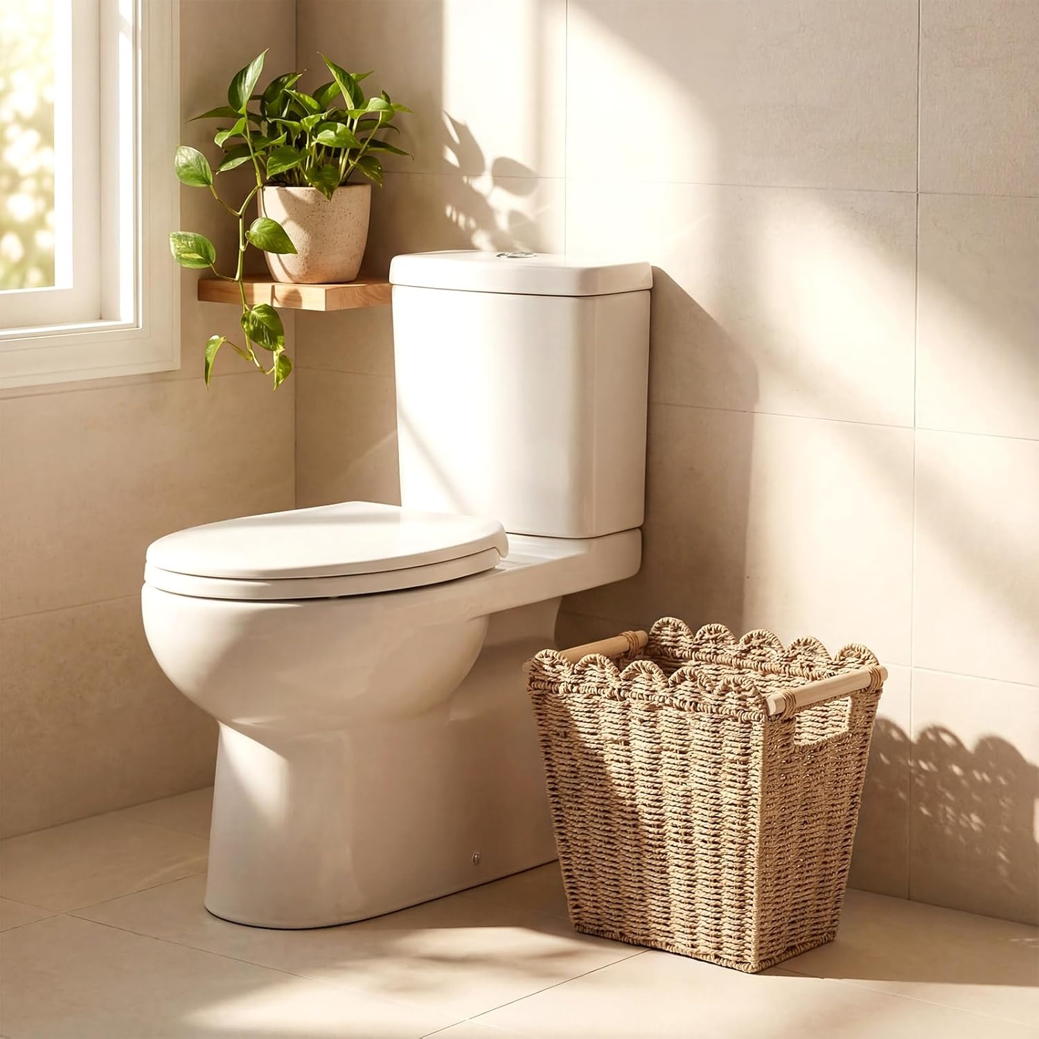 Scalloped Wicker Trash Can, 3.5 Gallons Small Bathroom Wastebasket, Rattan Paper Rope Waste Basket for Bedroom, Toilet, Narrow Garbage Can for Farmhouse Warming Home Kitchen(Nature)