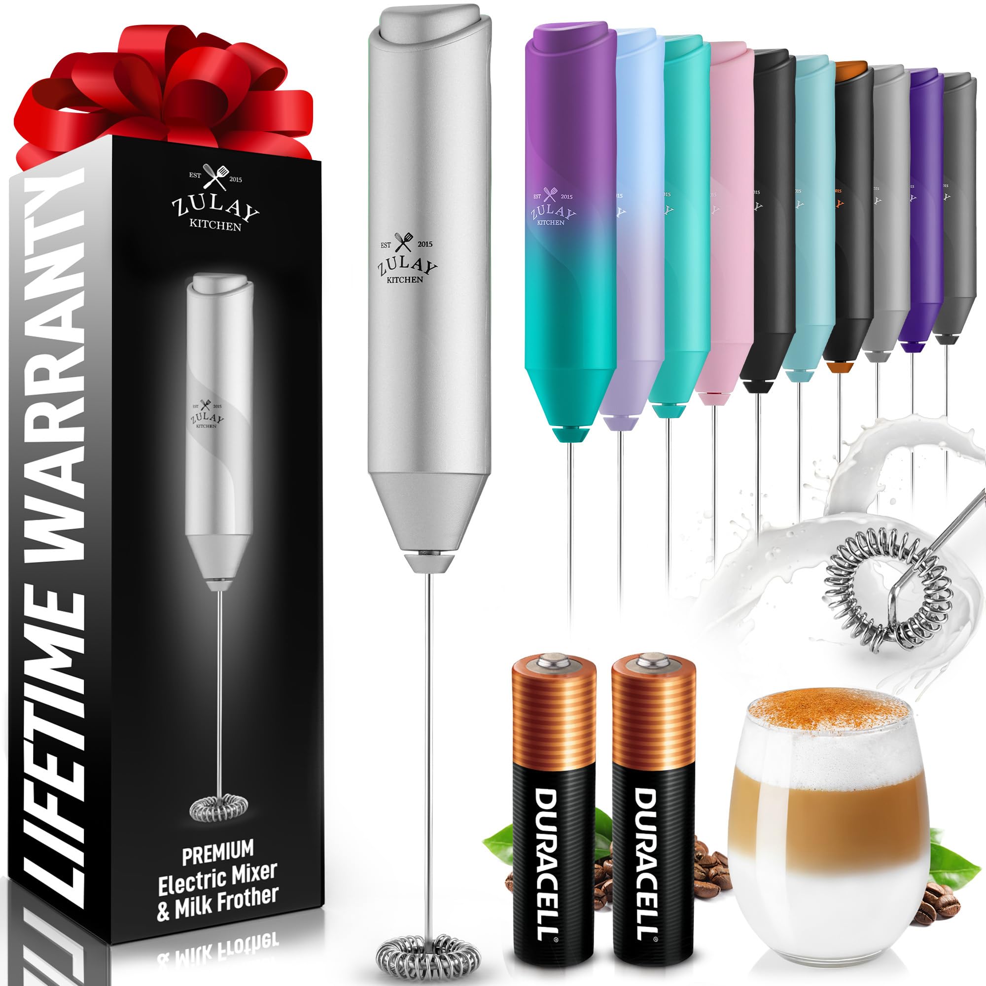 Zulay Kitchen Powerful Milk Frother AA Batteries Included – Ultra Fast Handheld Drink Mixer with Stainless Steel Whisk Stirrer for Coffee, Protein, Matcha &amp; More, Frother Wand Electric Frothmate