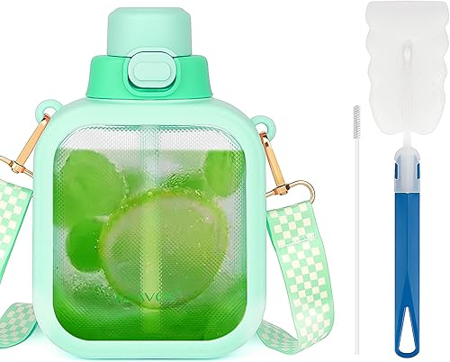 Adorila Botella de agua cuadrada con pajilla, cantimplora transparente de viaje con correa ajustable, taza de agua a prueba de fugas para la oficina Adorila Botella de agua cuadrada con pajilla, cantimplora transparente de viaje con correa ajustable, taza de agua a prueba de fugas para la oficina