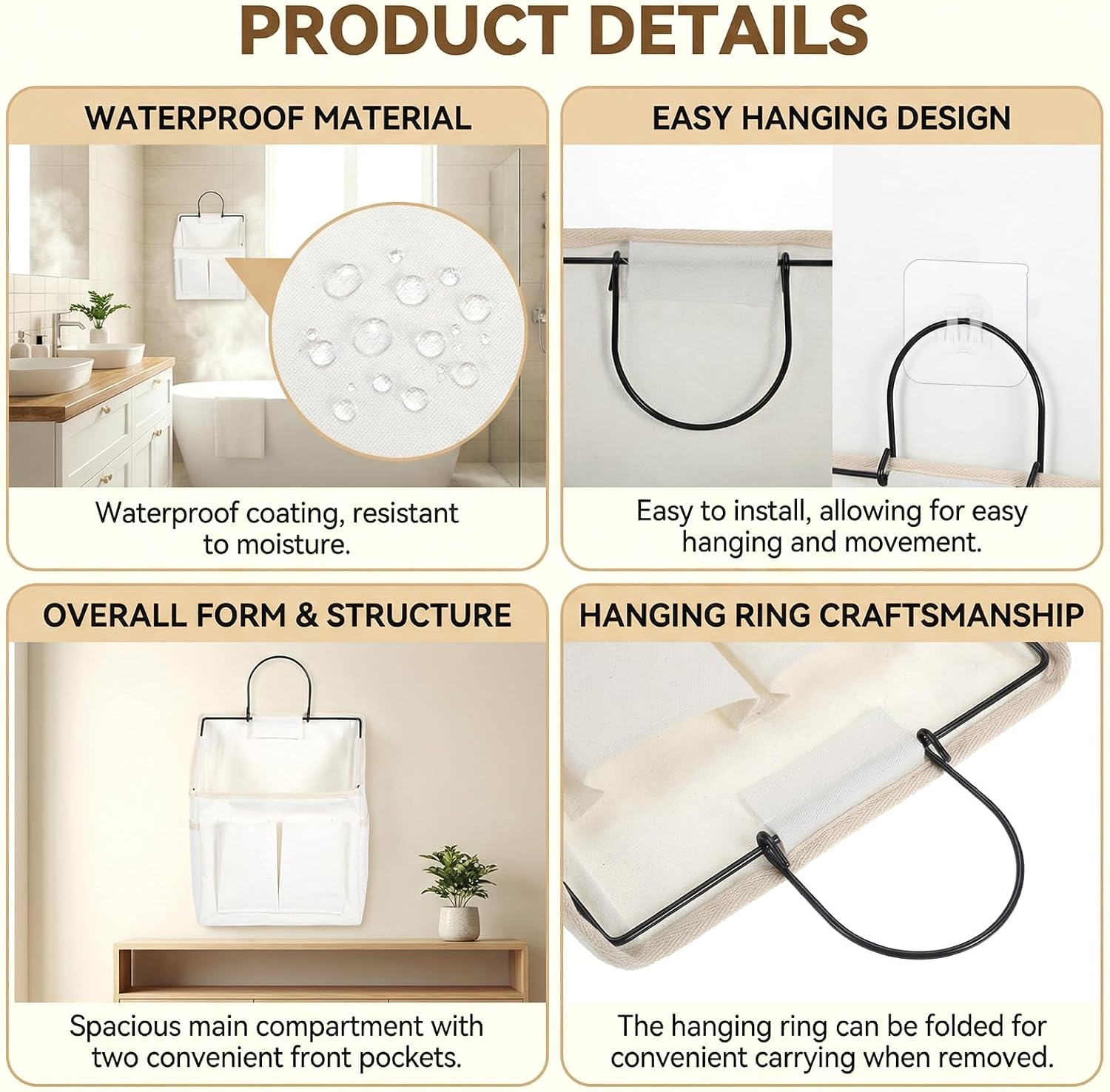 Wall Hanging Storage Bags with Hooks, 1PCS White