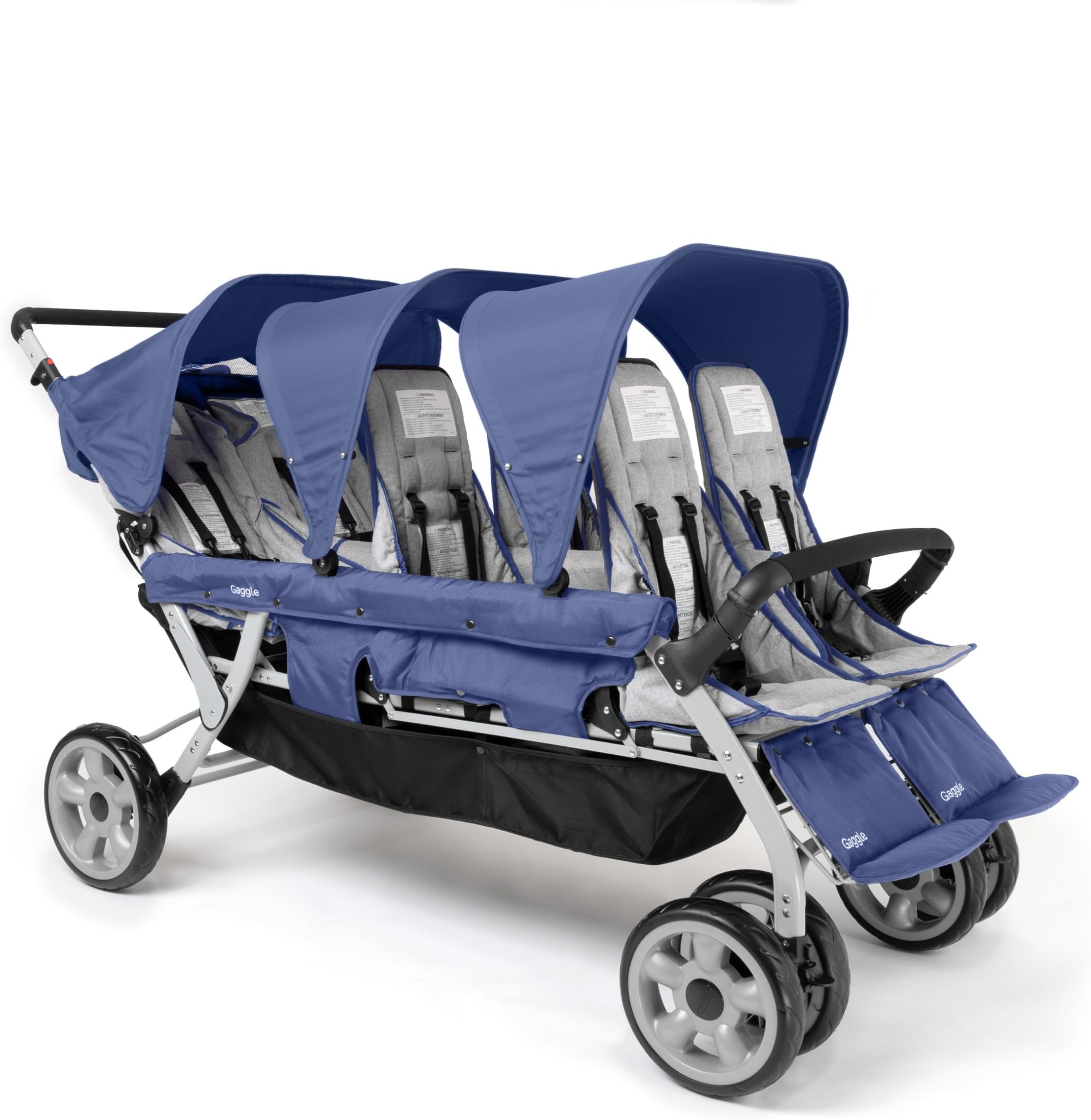 Gaggle by Foundations Jamboree 6 Seat Multi-Child Stroller with Sun Blocking Canopies | Reclining Seats | 5-Point Safety Harness | Compact Fold for Daycares, Parks & Travel | Navy