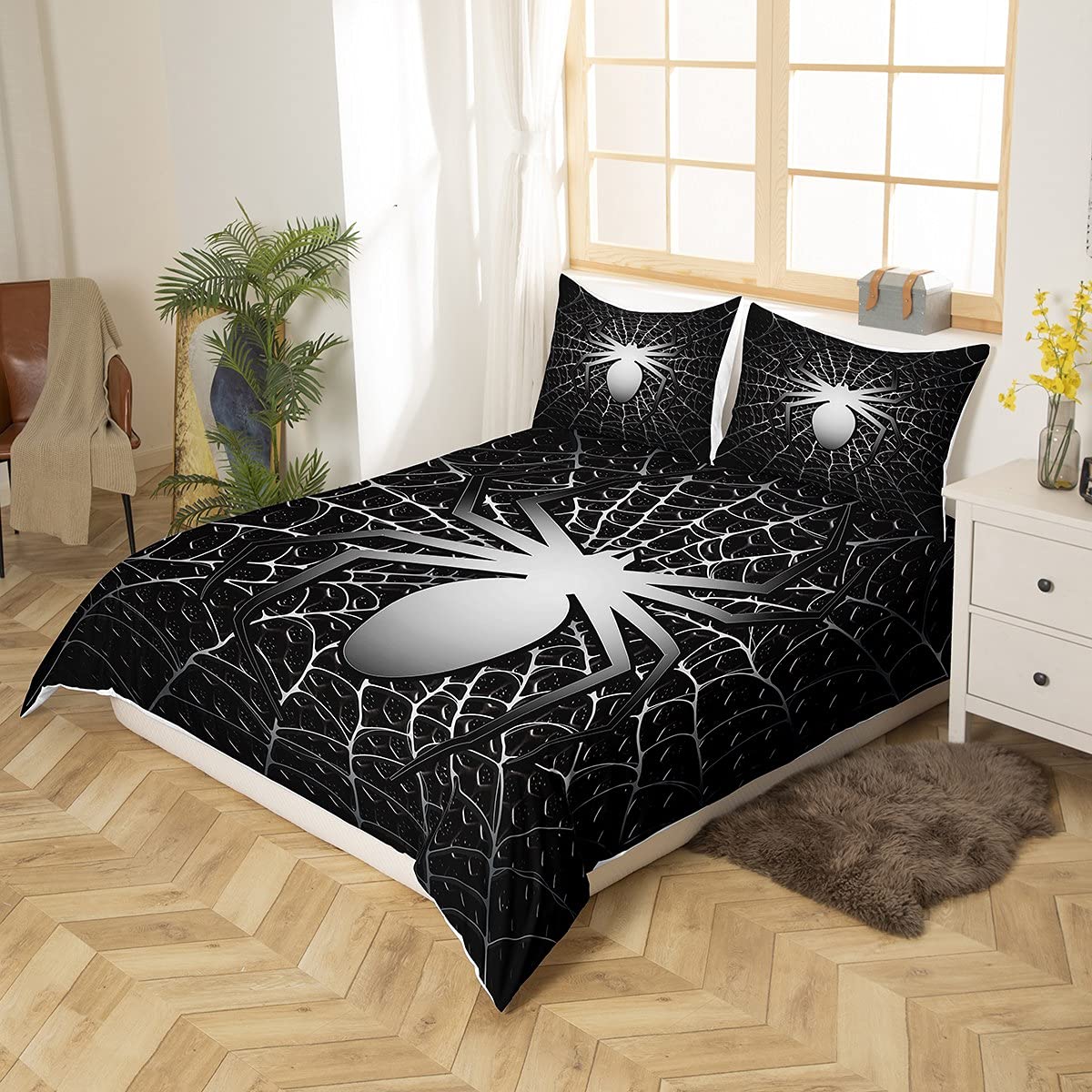 Loussiesd Juego de ropa de cama de araña para niños y niños 3D Scary Spider Web Ropa de cama y lino Negro Blanco funda de edredón Spider Animal Ropa de cama y lino Super King 3 piezas