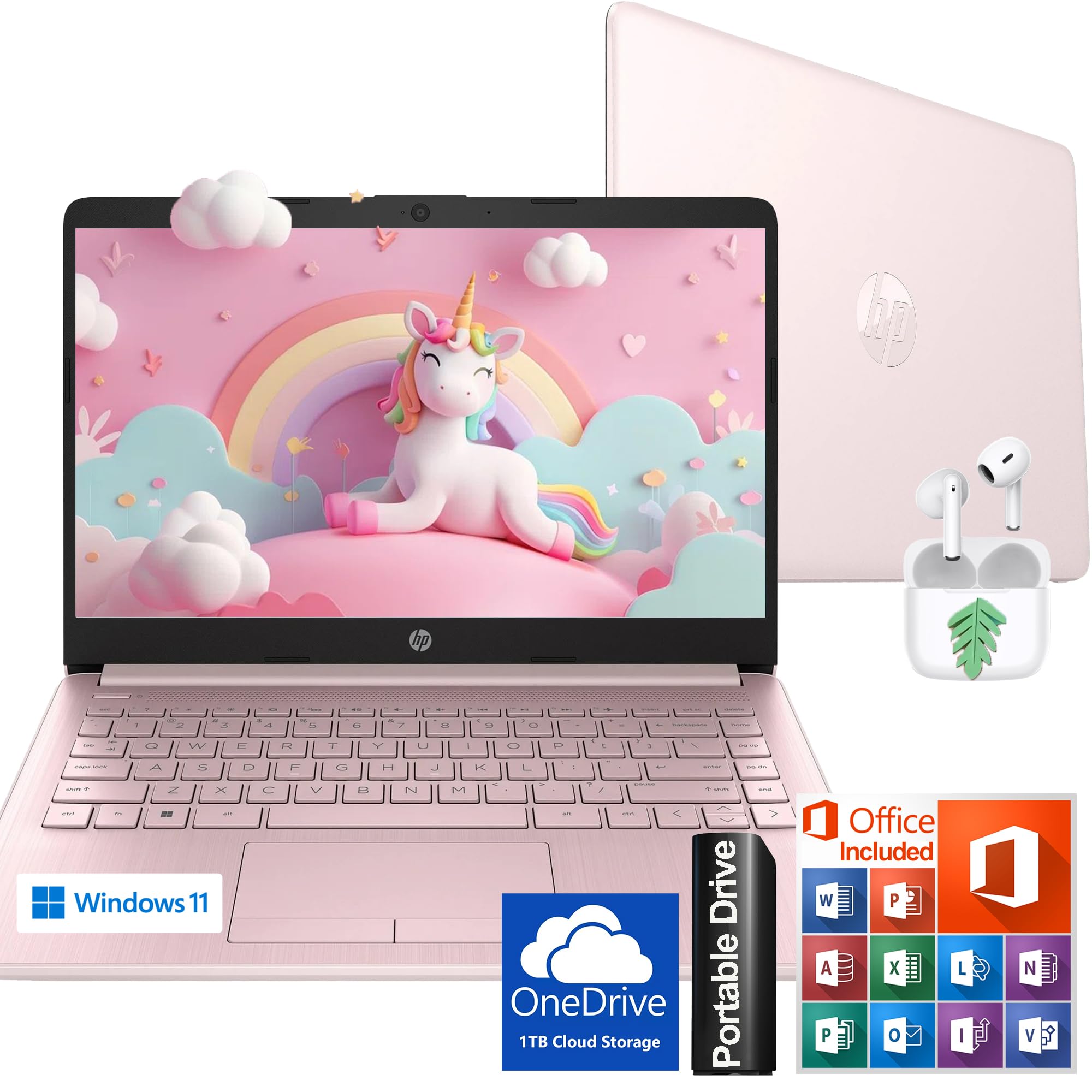 HP Ultralight 14 inch Laptop with Intel 4-Core Processor • with Microsoft 365 and Wireless Earbuds • 16GB RAM • 64GB SSD • HD Display • Pink • Windows