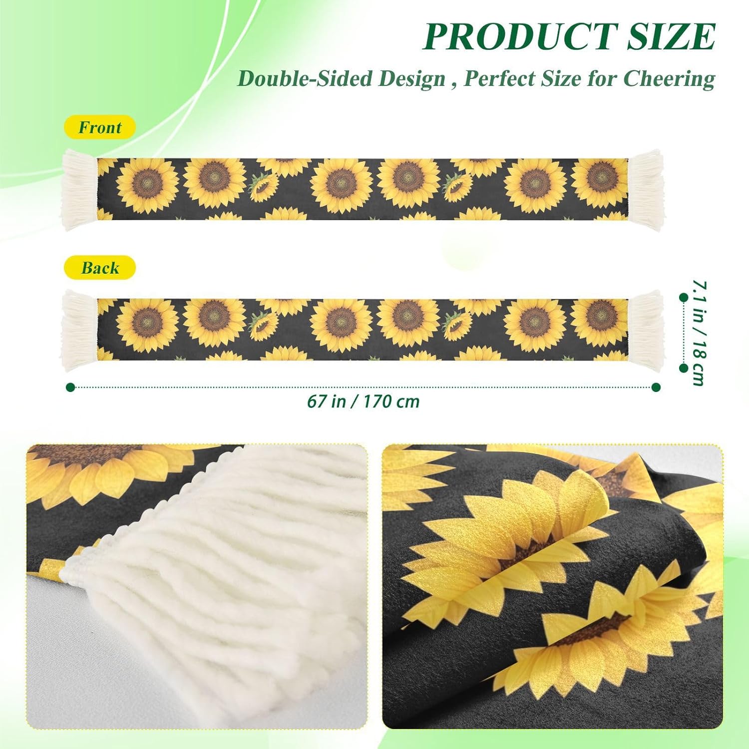 CHIFIGNO Sunflowers Black Sports Fan Scarf Towel, Soft Quick Dry Polyester Cheering Scarf for Soccer Games, Fringed Rally Towel