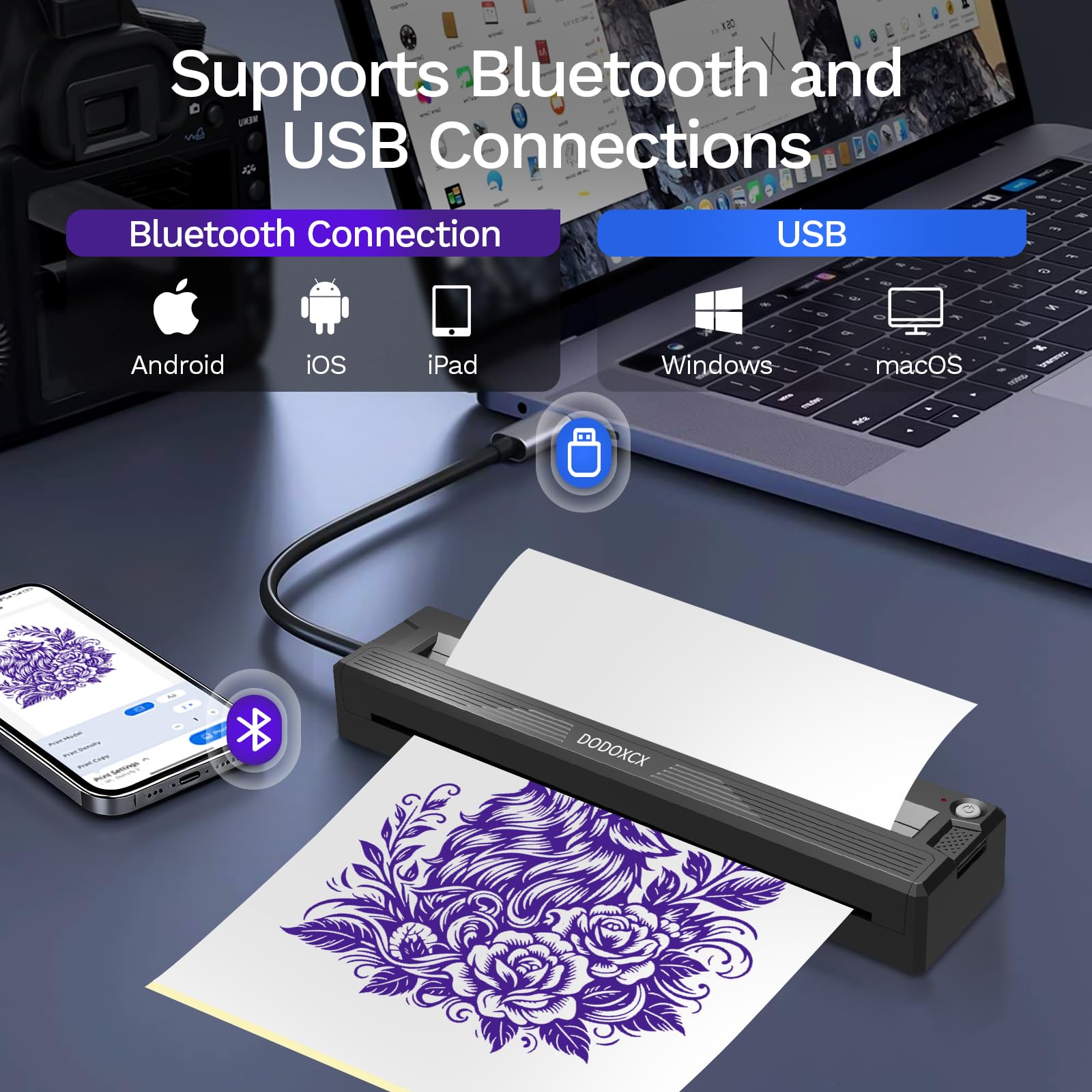 Stampante per tatuatori e principianti, con 3 fogli di carta di trasferimento per tatuaggi, portatile, wireless, Bluetooth, termica, senza inchiostro, compatibile con telefono/PC