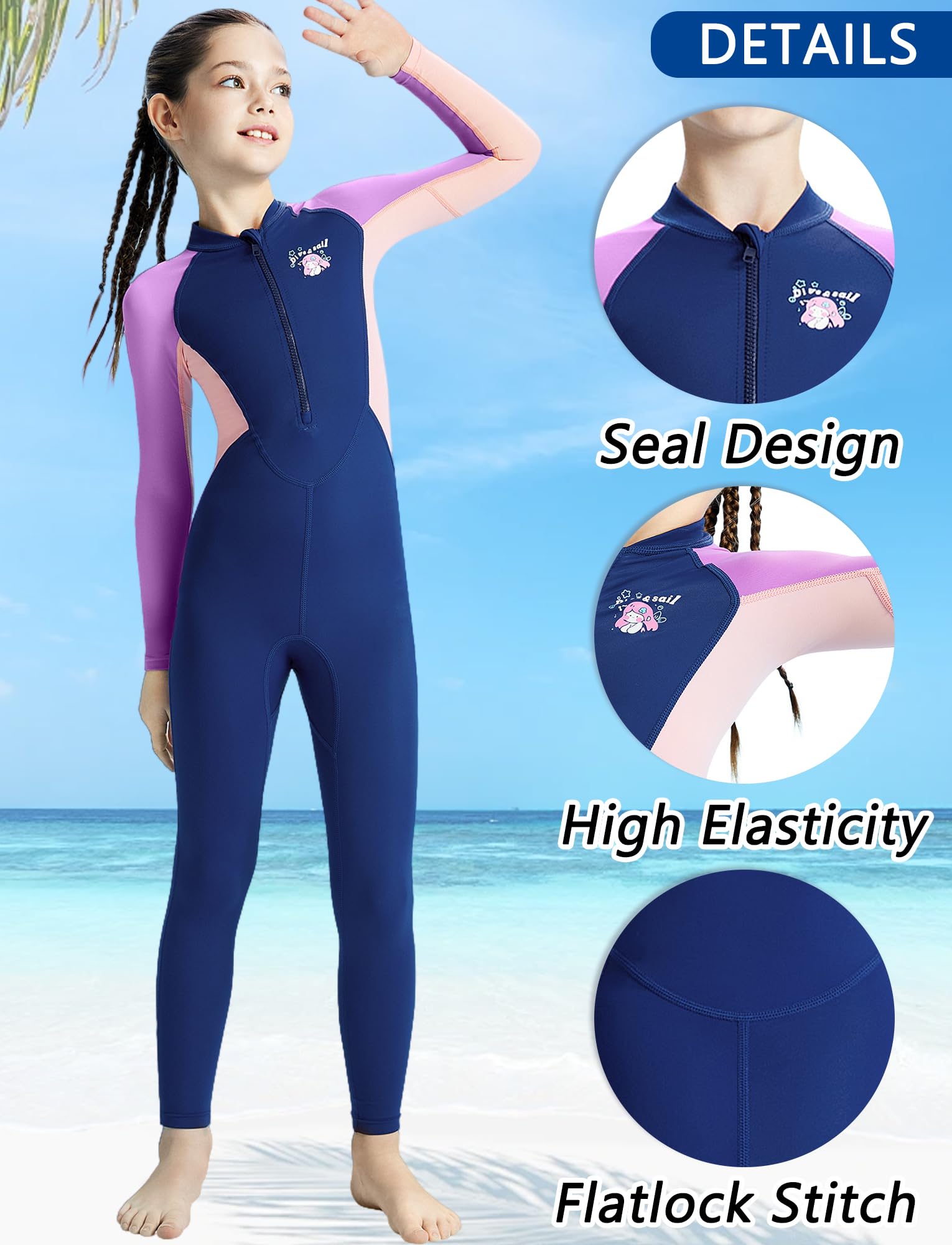 SEAUR Maillot de Bain 1 Pièce UPF 50+ Fille 2-14 Ans Combinaison de Bain Manches Longues Rashguards de Wakeboard Plage Surf Protection Solaire