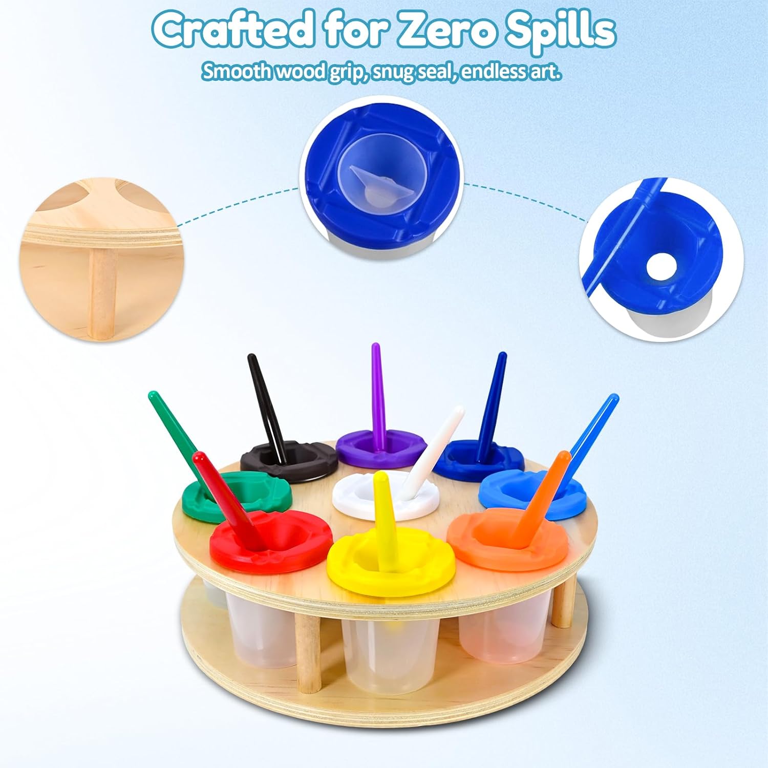 9 Pcs Spill Proof Paint Cups With Lids and 9 Holes Rotating Wooden Paint Holder Set for Kids | Reusable Professional Toddler Painting Set for Toddler Painting Activities,Classroom,Preschool