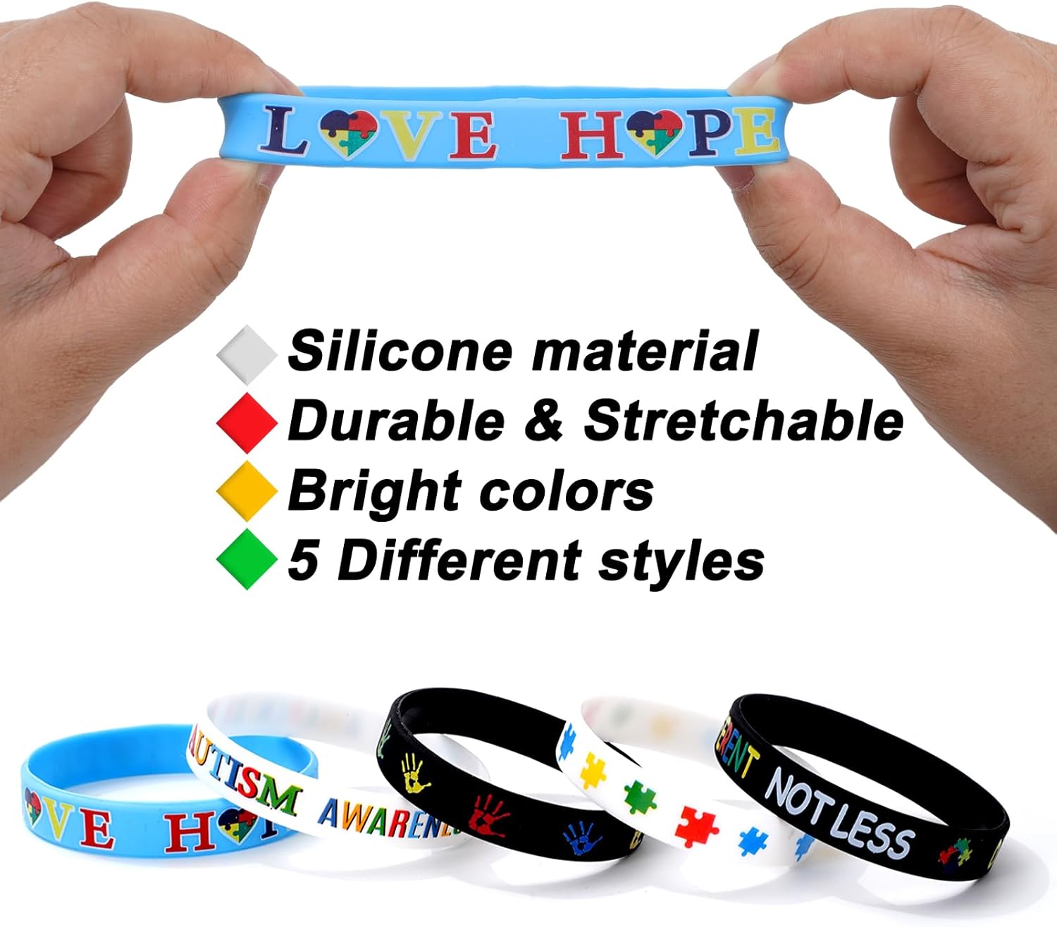 Whaline 50Pcs Autism Awareness Bracelets Colorful Inspirational Silicone Wristband 5 Styles Motivational Stretchy Bracelets for Autistic Pride Day Gifts Activities Supplies - Image 3