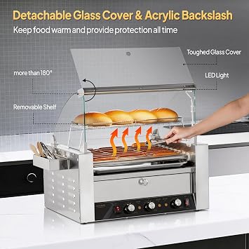 ROVSUN 24 Hot Dog 9 Roller, Hot Dog Roller Warmer Grill Cooker Machine w/Bun Warmer, Cover, Dual Temp Control, LED Light, Removable Shelf & Drip Tray for Party Home Commercial 1500W ETL Certified