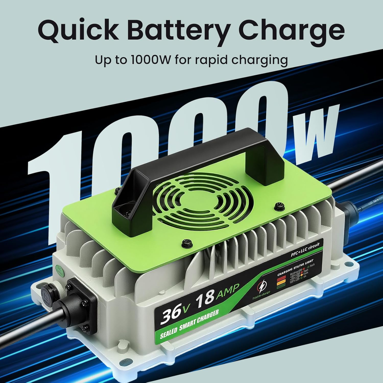 18 AMP 36 Volt Golf Cart Battery Charger 36V Lithium Battery Charger LiFePO4 Charger for Club Cars Trolling Motors Forklift Truck Floor Scrubber 1000W IP65 Waterproof with Cooling Fan M8 Terminals