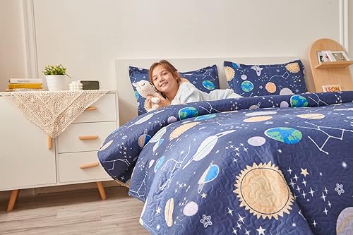Miniatura 9 de Juego de colcha de 3 piezas para niños, diseño de planetas del zodiaco, galaxia, espacio exterior, tamaño matrimonial, tamaño Queen, ilustración
