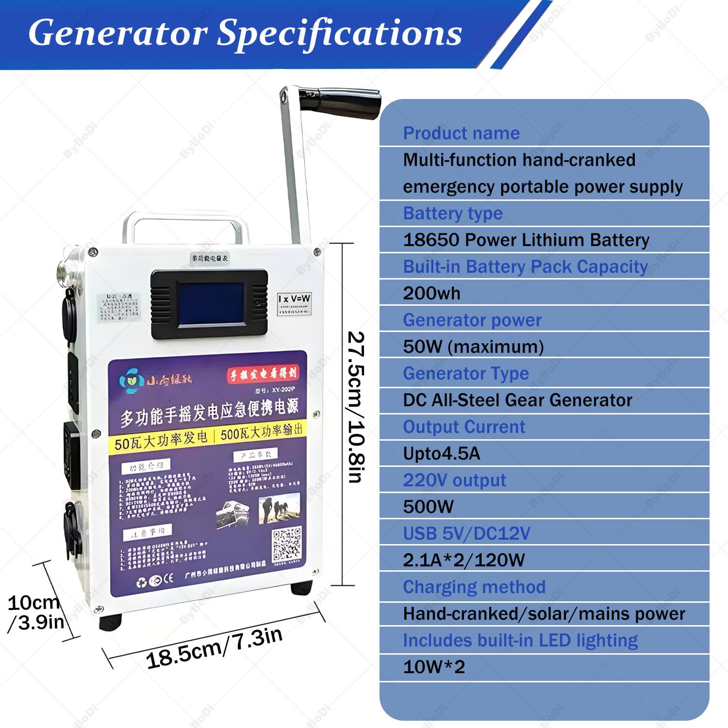Generatore Manuale Portatile da 500 W, Caricatore con Porta USB AC220V, dinamotore Manuale di Emergenza per Viaggi, generatore Manuale ad Alta Potenza per Avventure all'Aria Aperta