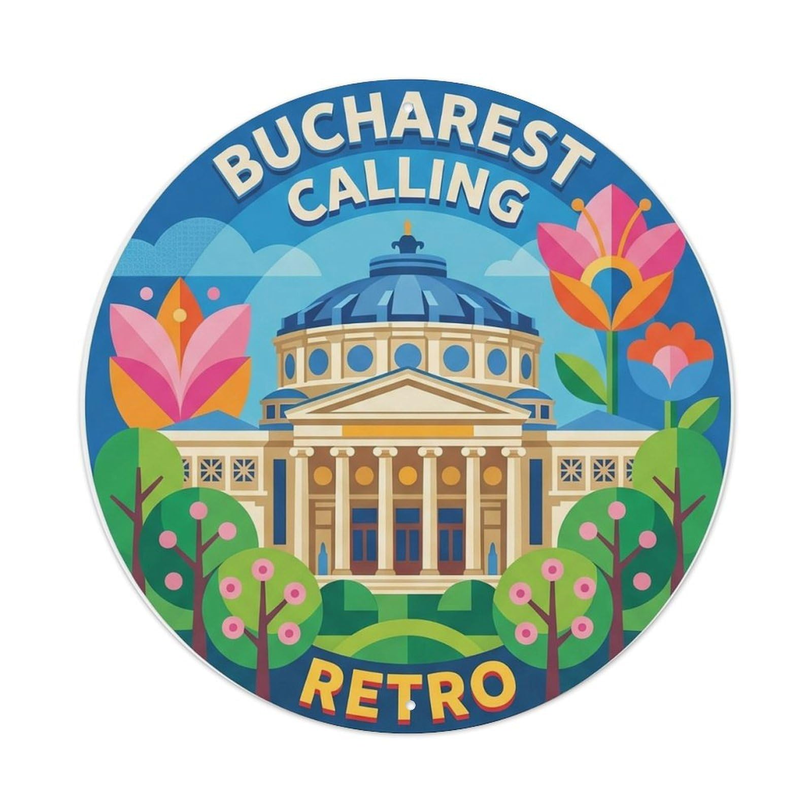 Romanian Athenaeum Historic Tourism Classic Destination Metal Tin Sign Plaque Wall Decor for Cafe, Man Cave, Club Bar, Office, Home Garden Round Metal Poster 8x8Inch