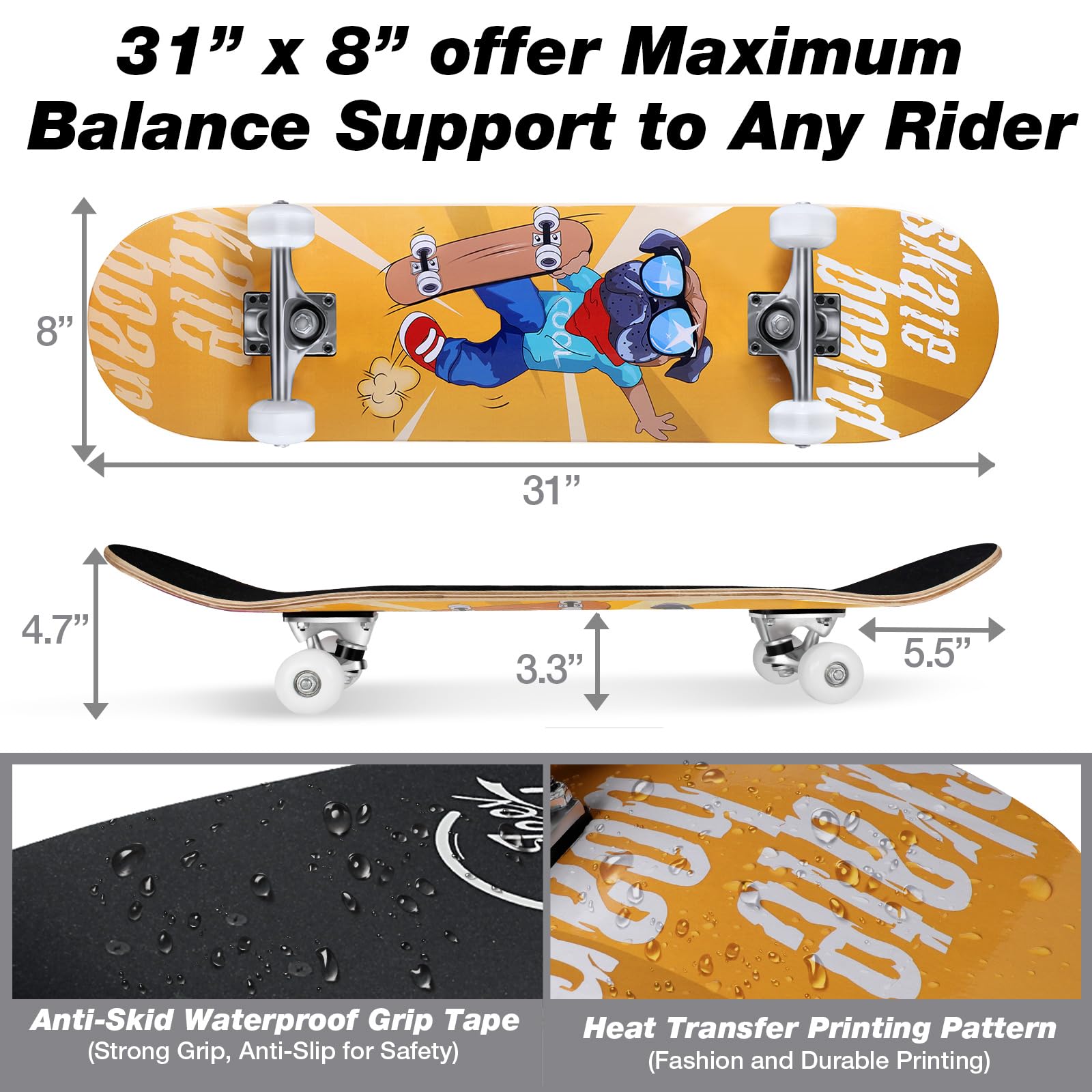 BELEEV Skateboards 31x8 para Principiantes, Niños, Adolescentes y Adultos, Completo Pro Cruiser Skateboard para Niña Niño, Arce Canadiense de 7 Capas, Doble Bandeja Cóncava, con Herramienta en T