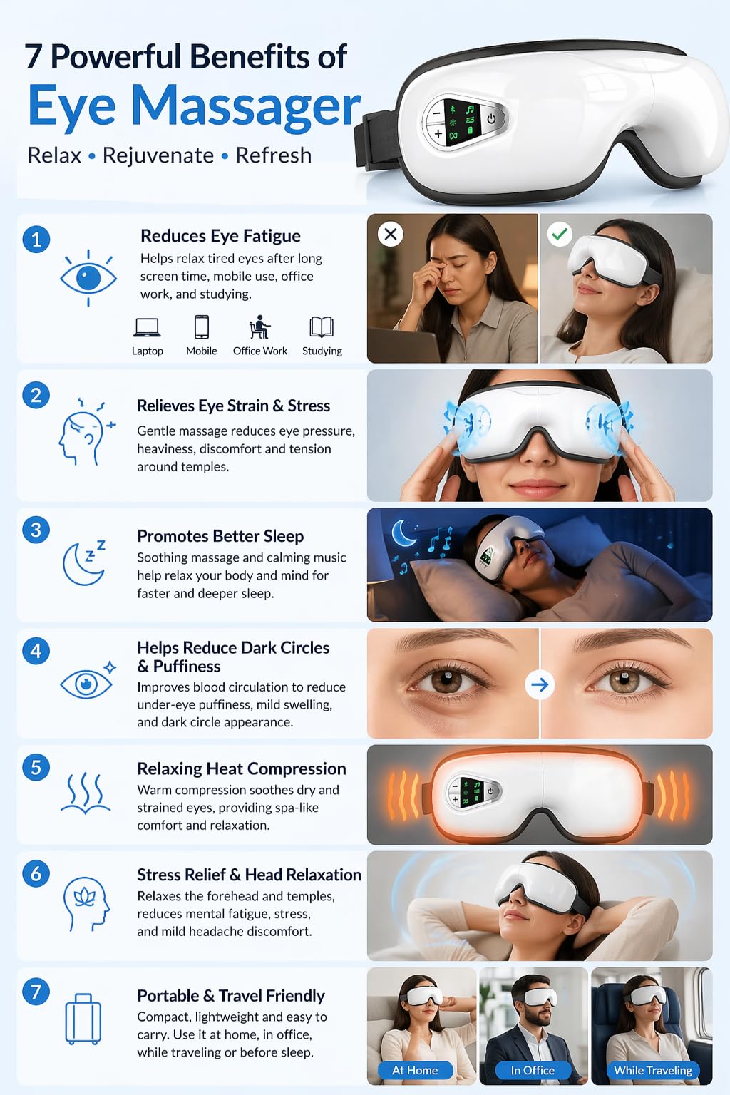 Premium Eye Massager with Heat Stress Relief Relaxation, Improves Sleep, Reduce Eye Strain Dark Circles, Sleeping, Puffy Dry Eyes, Air Compression Eye Massage with 5 Modes, Bluetooth Music — Amazon image 3