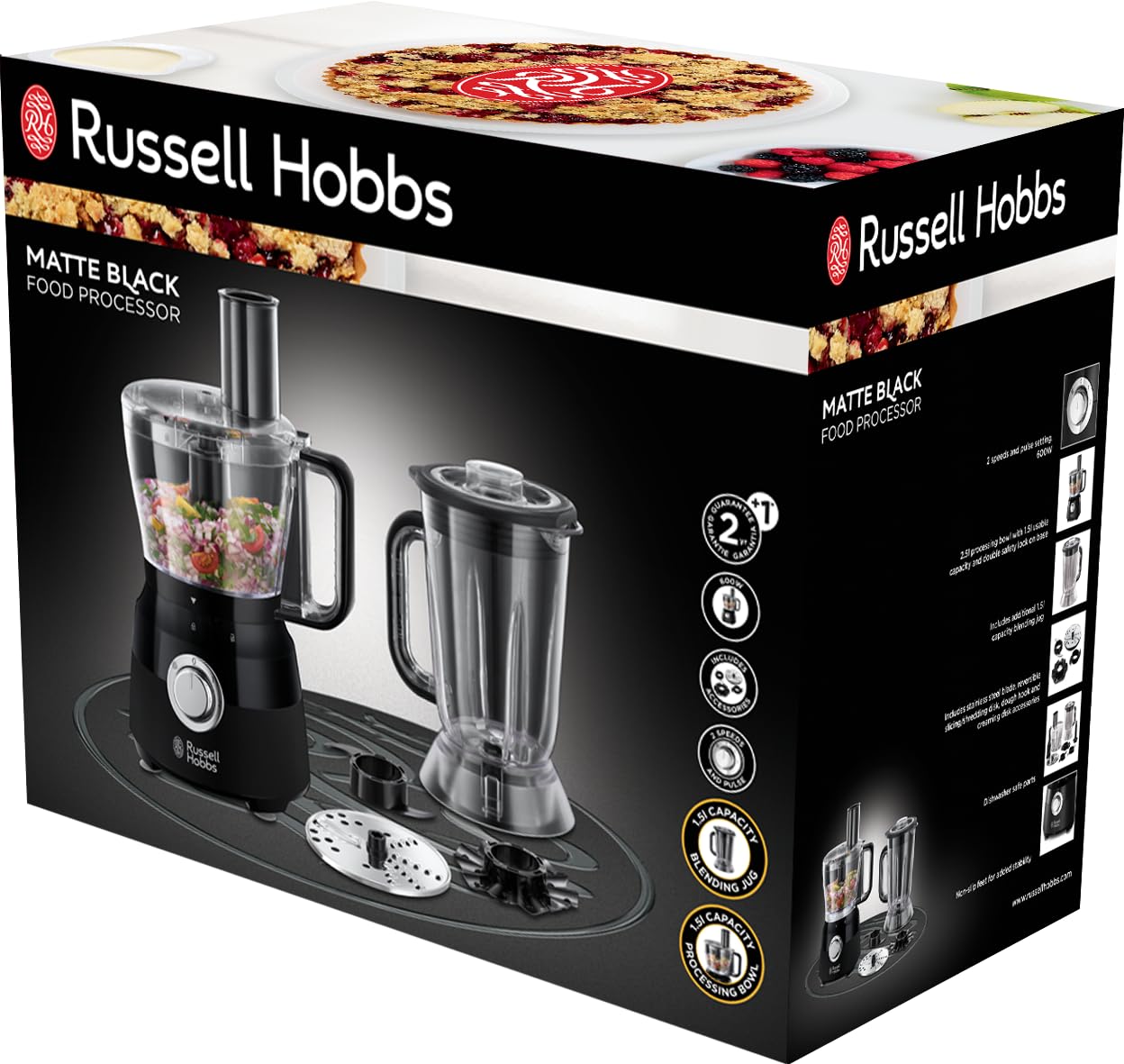 Russell Hobbs Procesador de Alimentos Matte Black - Cuchilla Acero Inoxidable, Disco Corte y Rallado, Amasador, Disco para Cremas, Jarra Batidora 1,5L, 2 Velocidades, Función Pulse, Negro - 24732-56