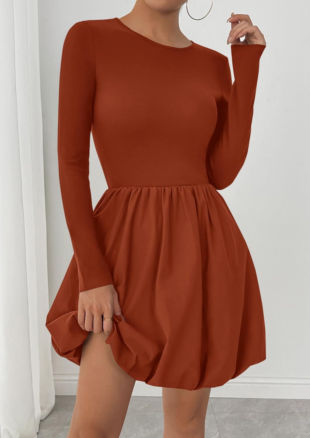 PRETTYGARDEN Fall Dresses for Women 2026 Casual Long Sleeve Bubble Cute Crew Neck A Line Mini Short Dress with Pockets - Image 3