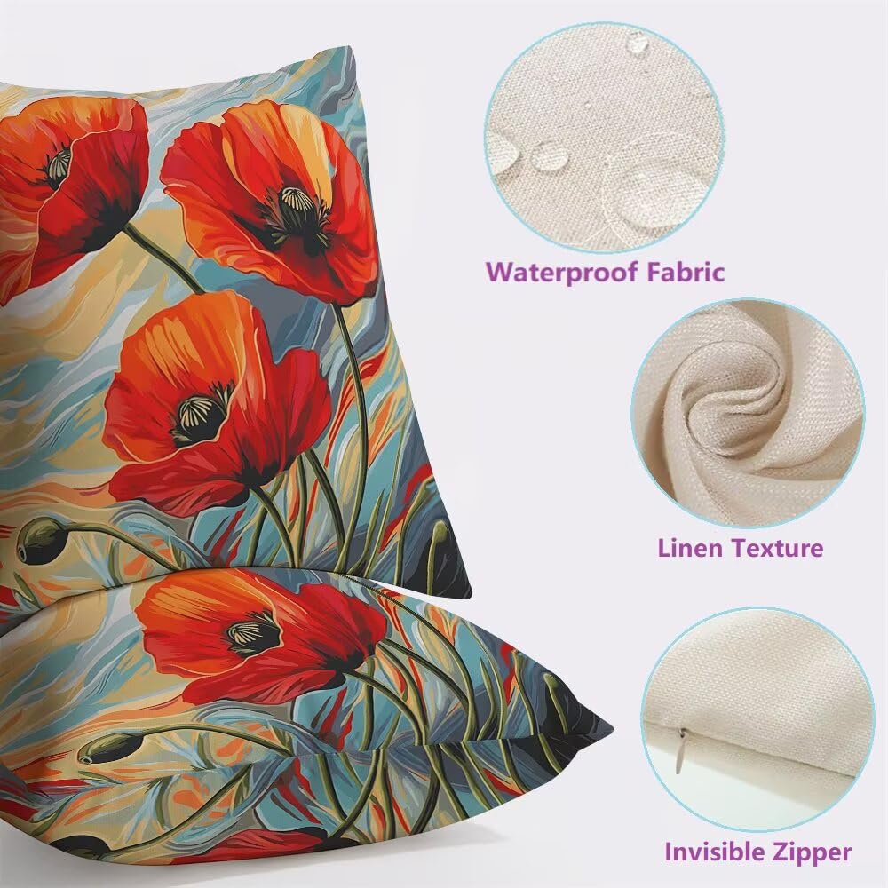 Outdoor Kissen Wetterfest Kissenbezüge 55x55 cm 2er Set Kissenbezug Mohnblume Sofakissen Deko Kissen Abstrakt Wasserfeste Frühling Sommer Kissenhülle Gartenkissen Zierkissen für Balkon Patio -GY195