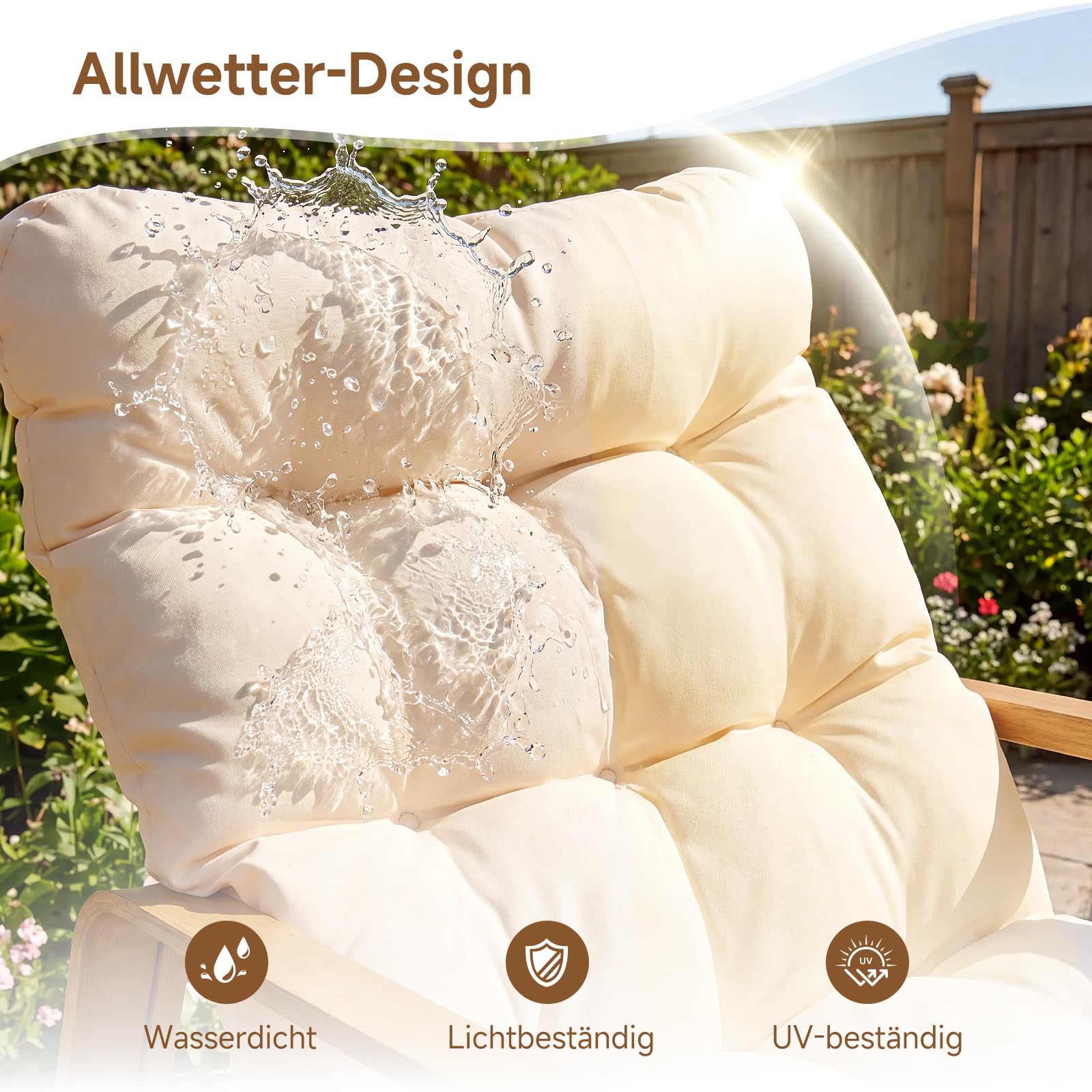 Schaukelstuhl mit dickem Kissen für drinnen und draußen | hochwertiger Papasan-Schaukelstuhl in Holzoptik aus Eisen, gemütlicher Schaukelstuhl für Garten, Balkon, Wohnzimmer und Schla