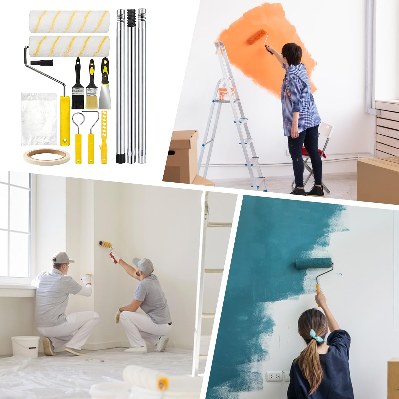Rouleau Peinture, Rouleau Peinture Mousse Kit De Peinture 20 Pièces Avec Rouleau Long Poil 9", Manche Télescopique, Pinceaux, Bac, Bâche Et Accessoires Pour Murs