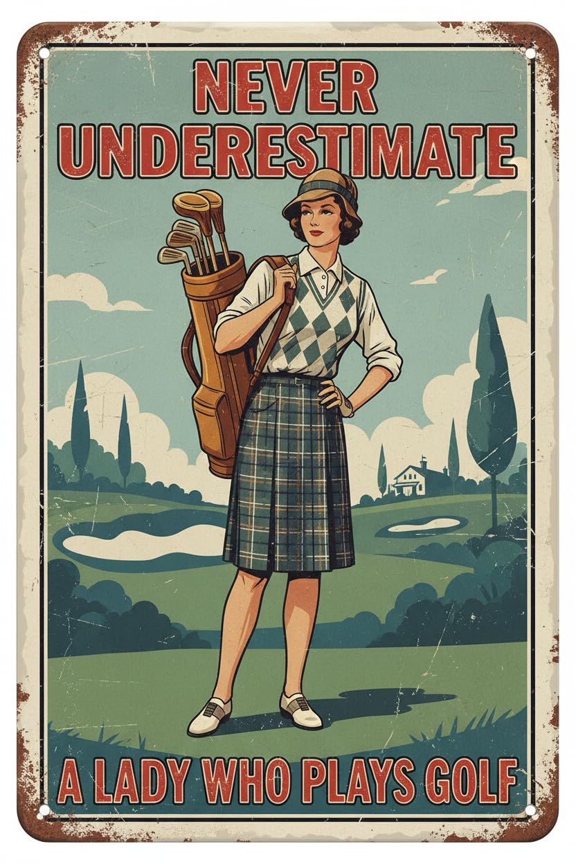 Golf Vintage Tin Sign for Home Club Decor Never Underestimate a Woman Who Plays Golf Wall Decoration 8x12inch